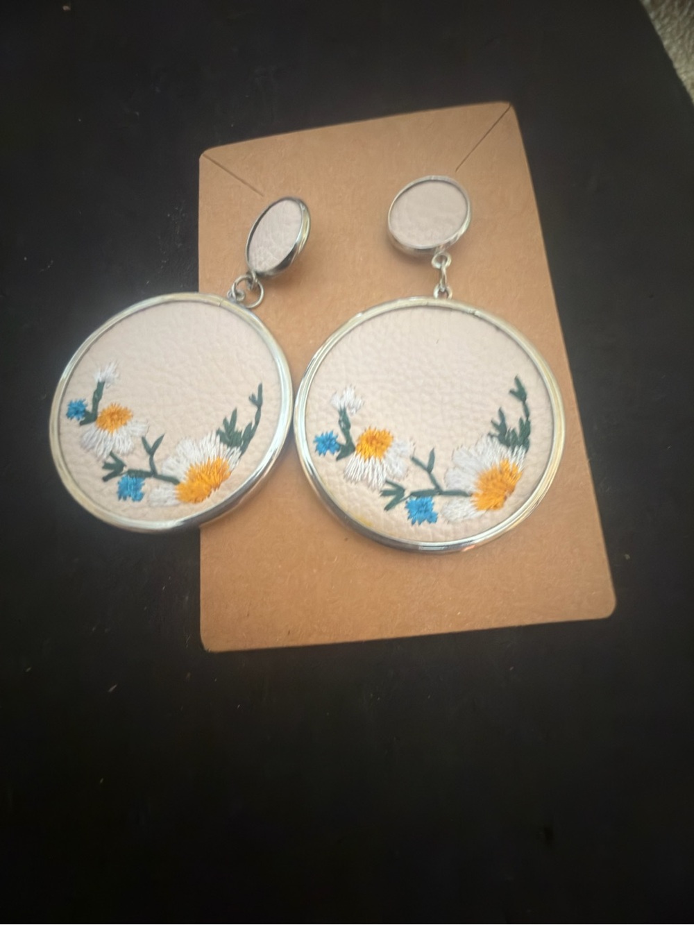 Round Embroidered Floral Drop Earrings in Cream